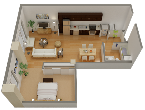 Floor plan for 1 bed, 1 bath, 899 sqft
